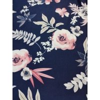 Granatowa elastyczna dzianina Jersey - pudrowe kwiaty - kupon 2,40m